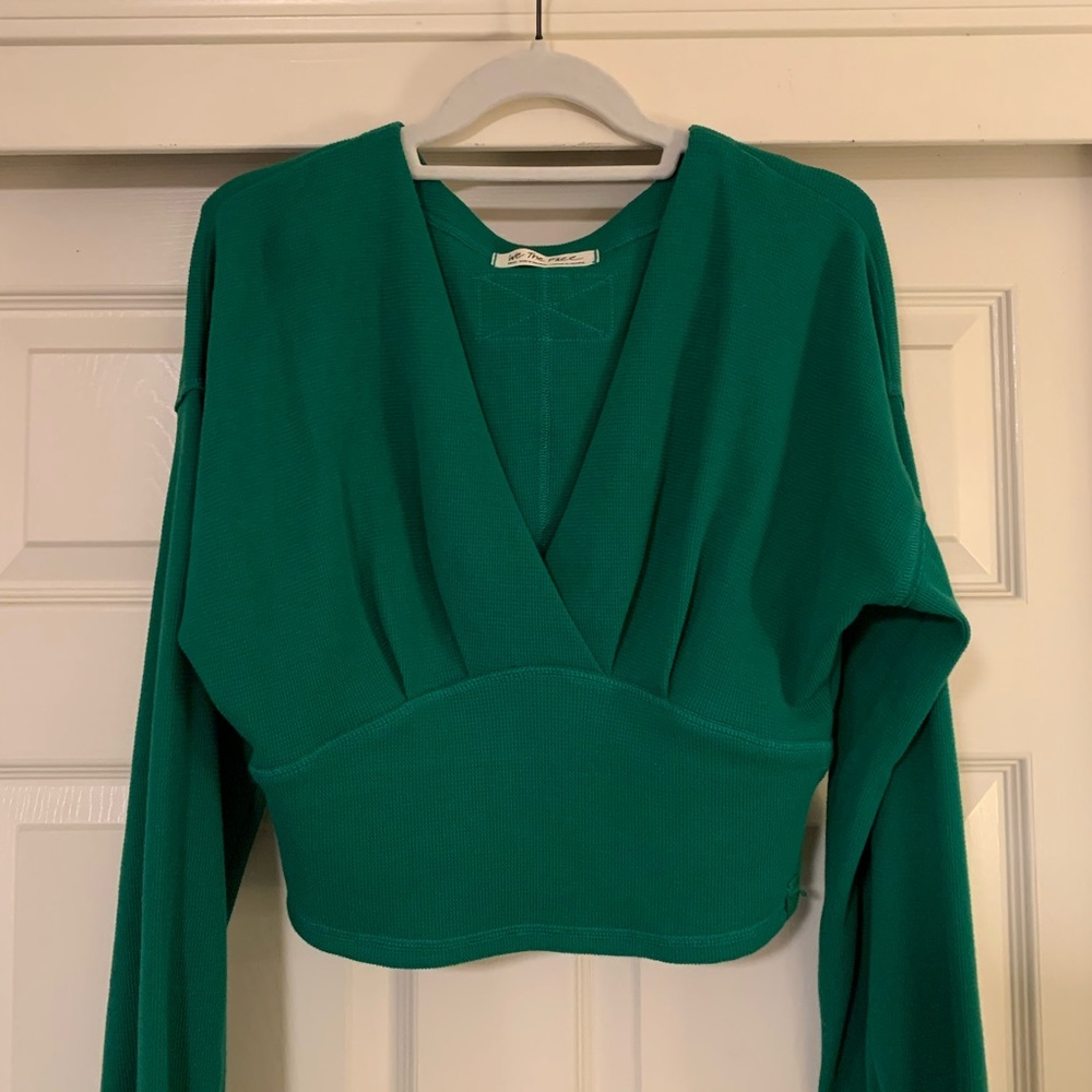 FP Cropped Balloon Sleeve Waffle-Knit Top